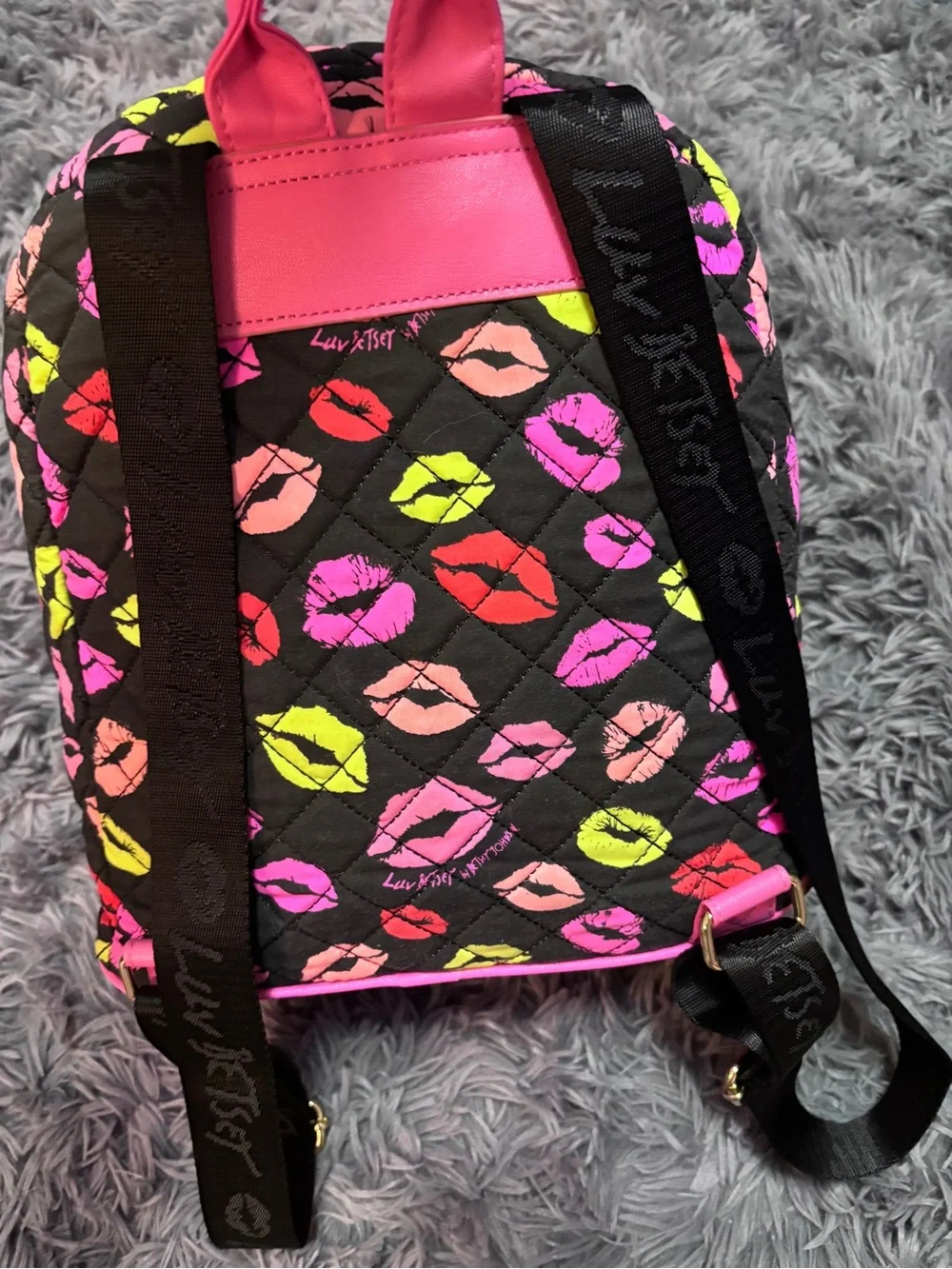 Betsey Johnson Quilted Lips Print Mini Backpack Black Pink Neon Travel Bag